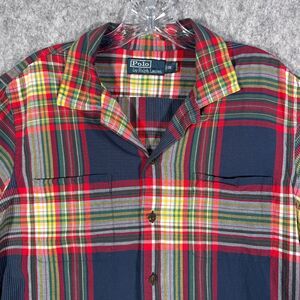 Polo Ralph Lauren Camp Shirt Mens Medium Red Loop Collar Short Sleeve Plaid